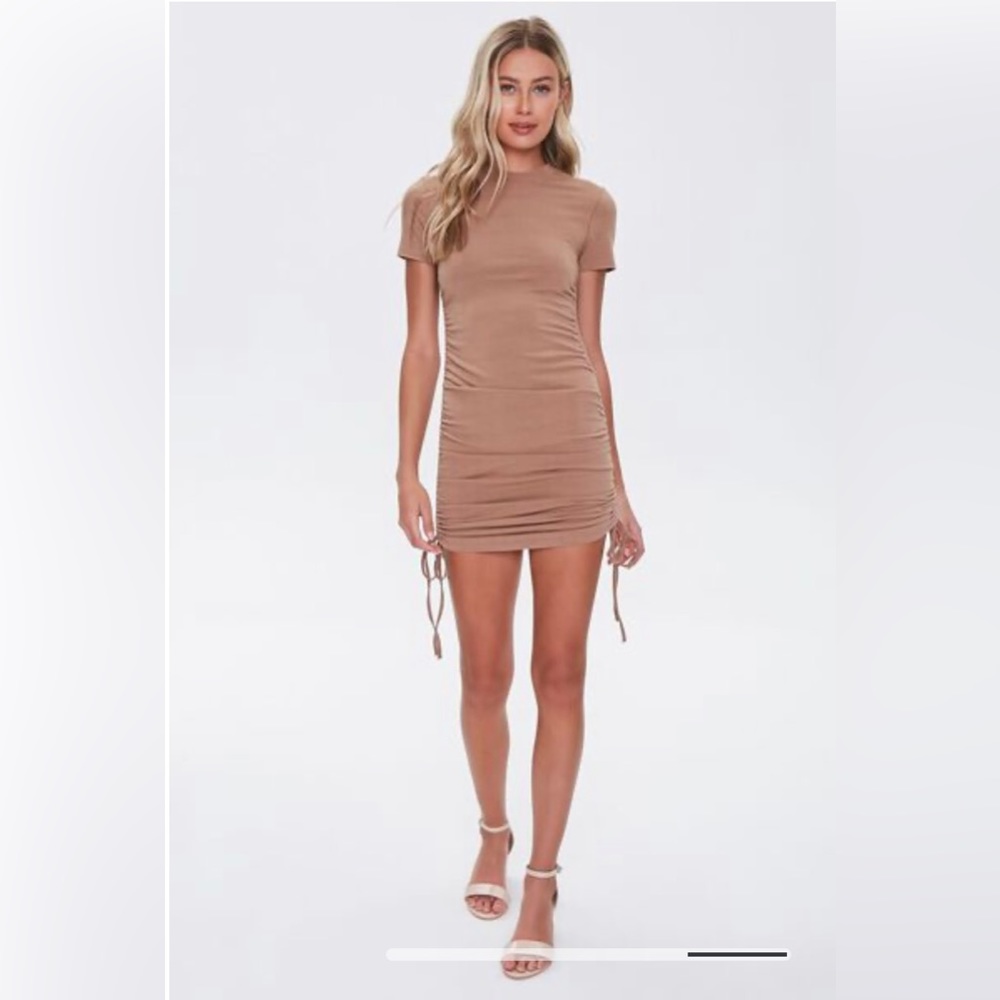 Forever 21 Knit T-Shirt Ruched Side Drawstring Tie Bodycon Mini Dress Brown S